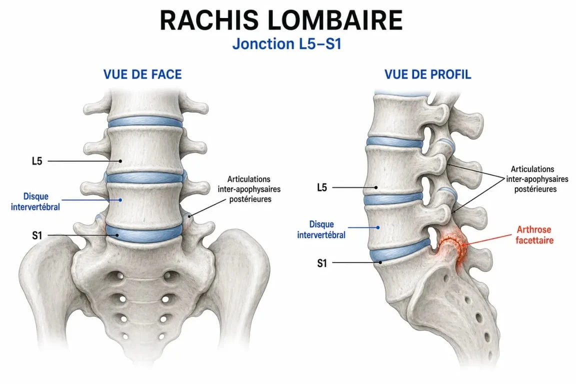 Schéma de l’arthrose inter apophysaire postérieure L5S1 avec repérage de la jonction lombaire et des articulations facettaires