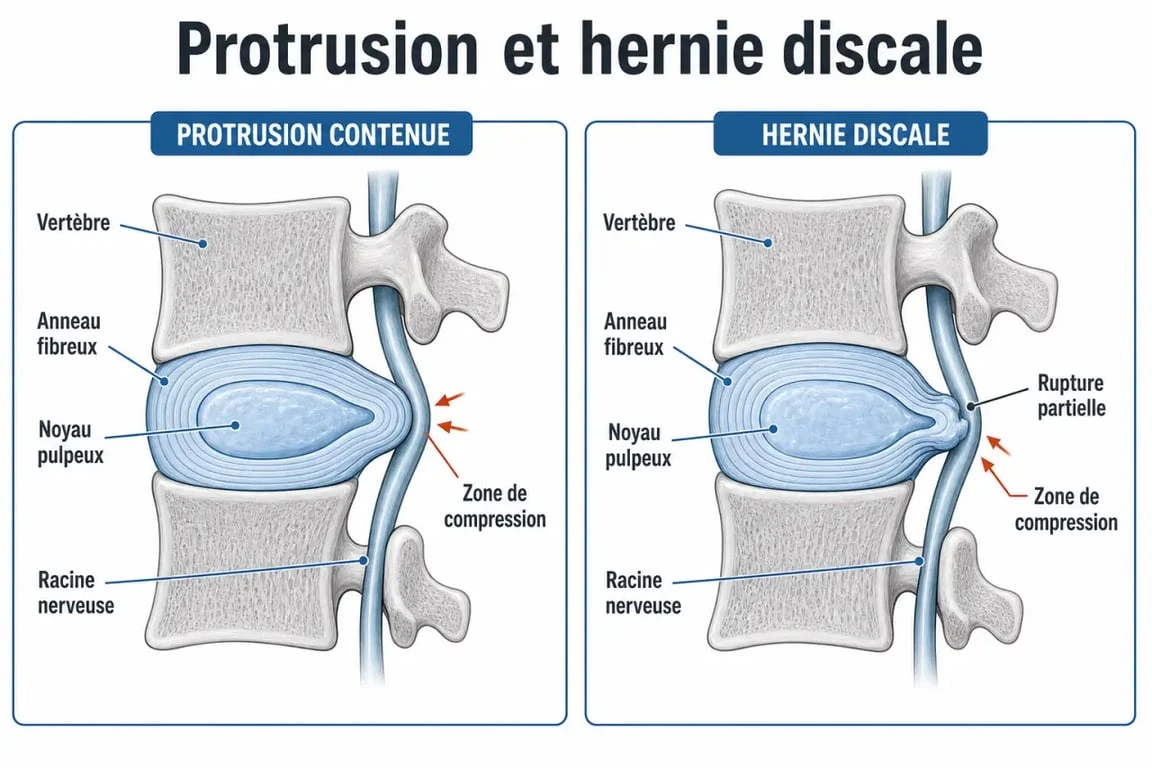 Schéma de hernie discale protrusive montrant le disque intervertébral, l'anneau fibreux, le noyau pulpeux et une zone de compression nerveuse