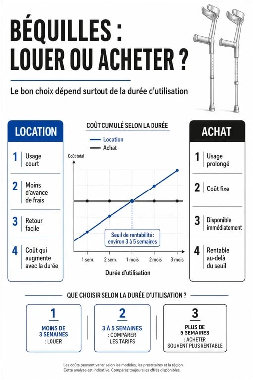 Infographie comparative location vs achat de béquilles pour blessure temporaire ou longue durée