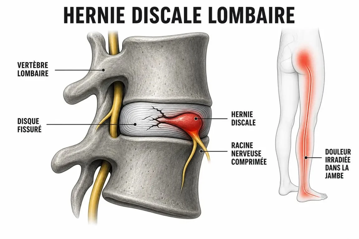 Schéma du diagnostique hernie discale montrant la compression d’une racine nerveuse au niveau lombaire