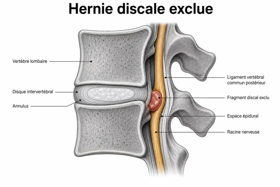 Schéma de hernie discale exclue expliquant la compression nerveuse