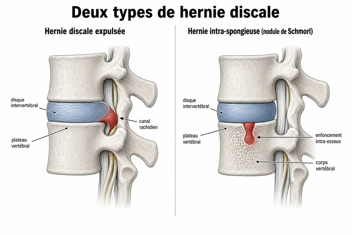 Schéma comparatif entre une hernie discale et une hernie intra-spongieuse montrant la différence de localisation de la lésion.
