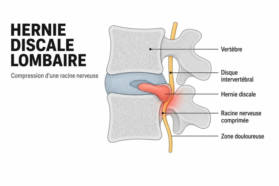 Massage hernie discale : schéma simple de la colonne vertébrale et de la compression nerveuse