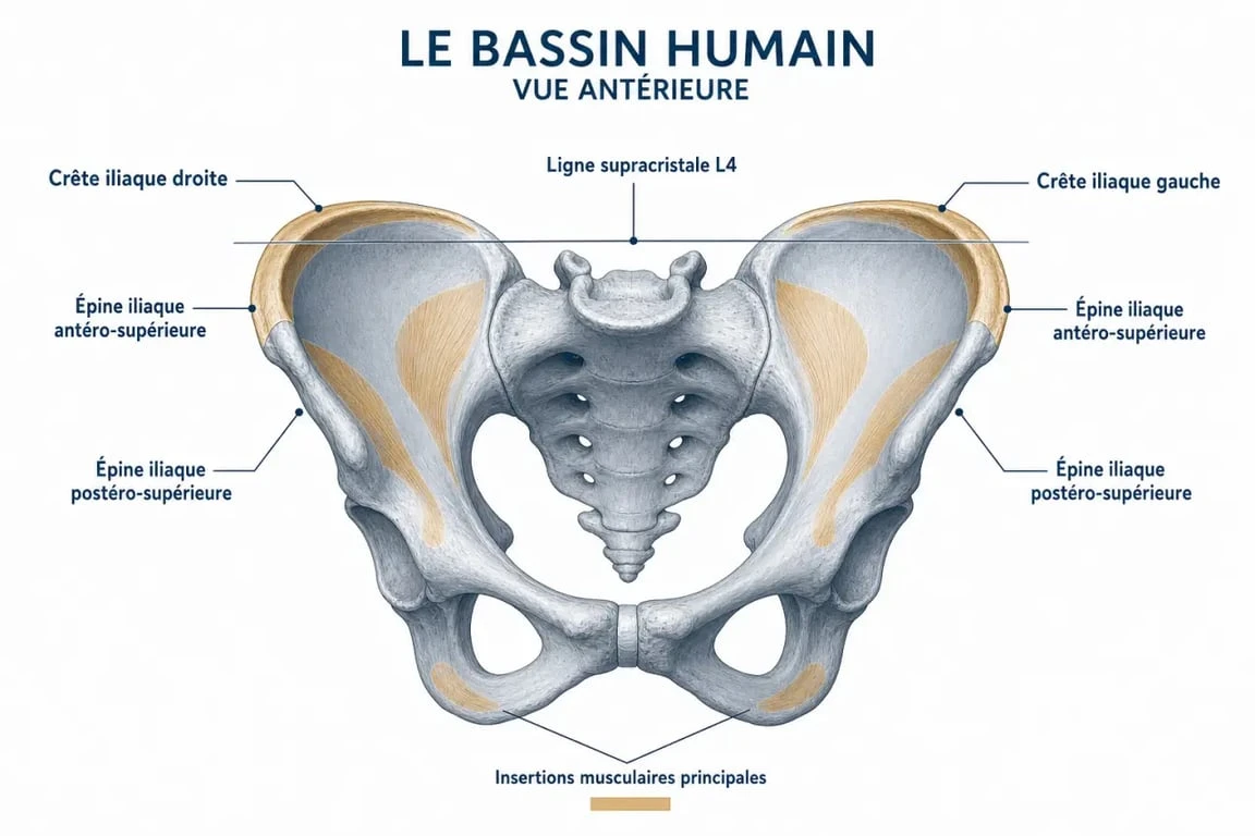 Schéma des crêtes iliaques du bassin humain avec repères anatomiques