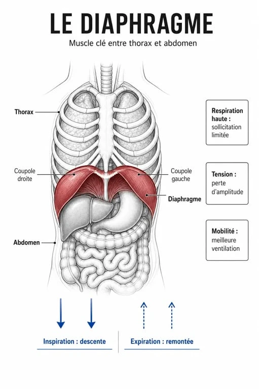 Schéma du diaphragme bloqué traitement montrant le diaphragme, la respiration et les tensions possibles