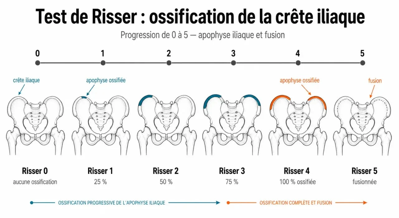 Schéma du test de Risser montrant l’ossification de la crête iliaque et les stades 0 à 5