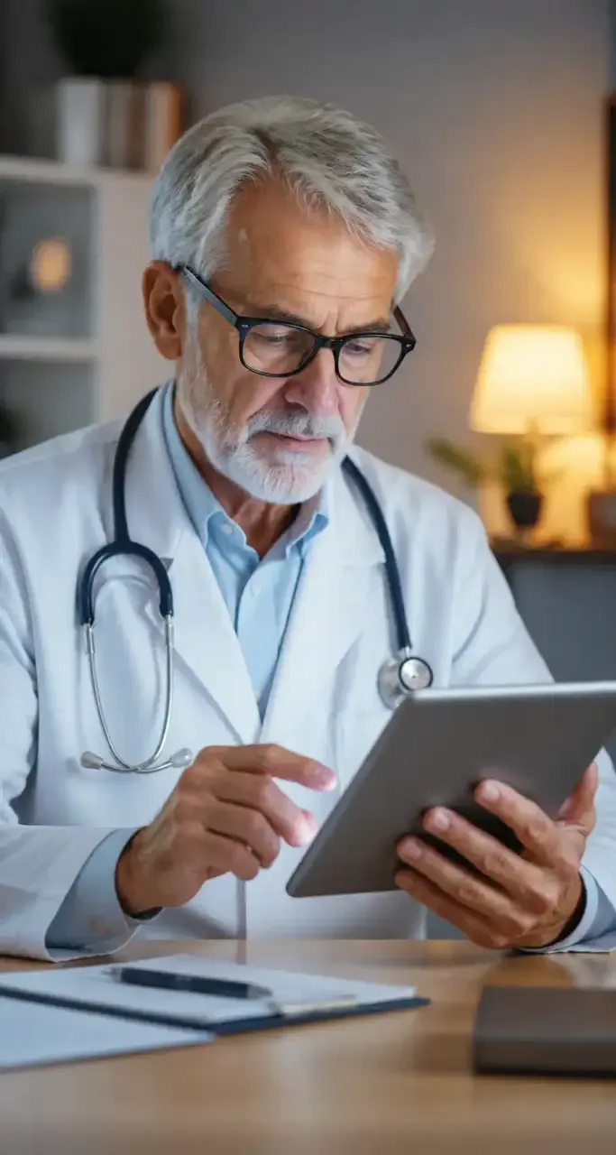 Professionnel de santé consultant un dossier médical sur tablette