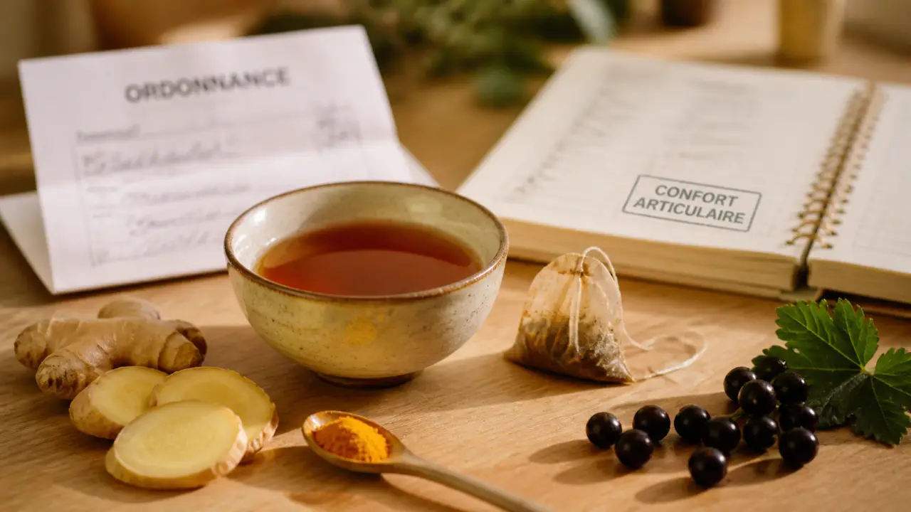 Arthrose et les plantes : tisane au gingembre et curcuma, bol sur table