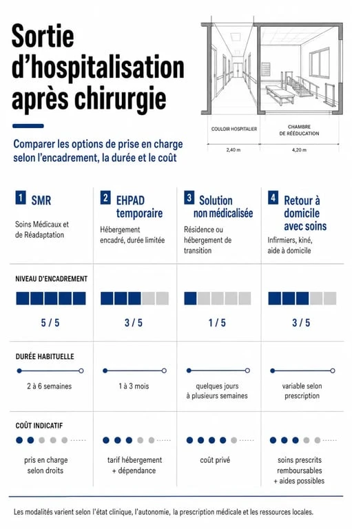 Maison de convalescence après chirurgie : comparaison visuelle entre SMR, EHPAD temporaire, solution non médicalisée et retour à domicile
