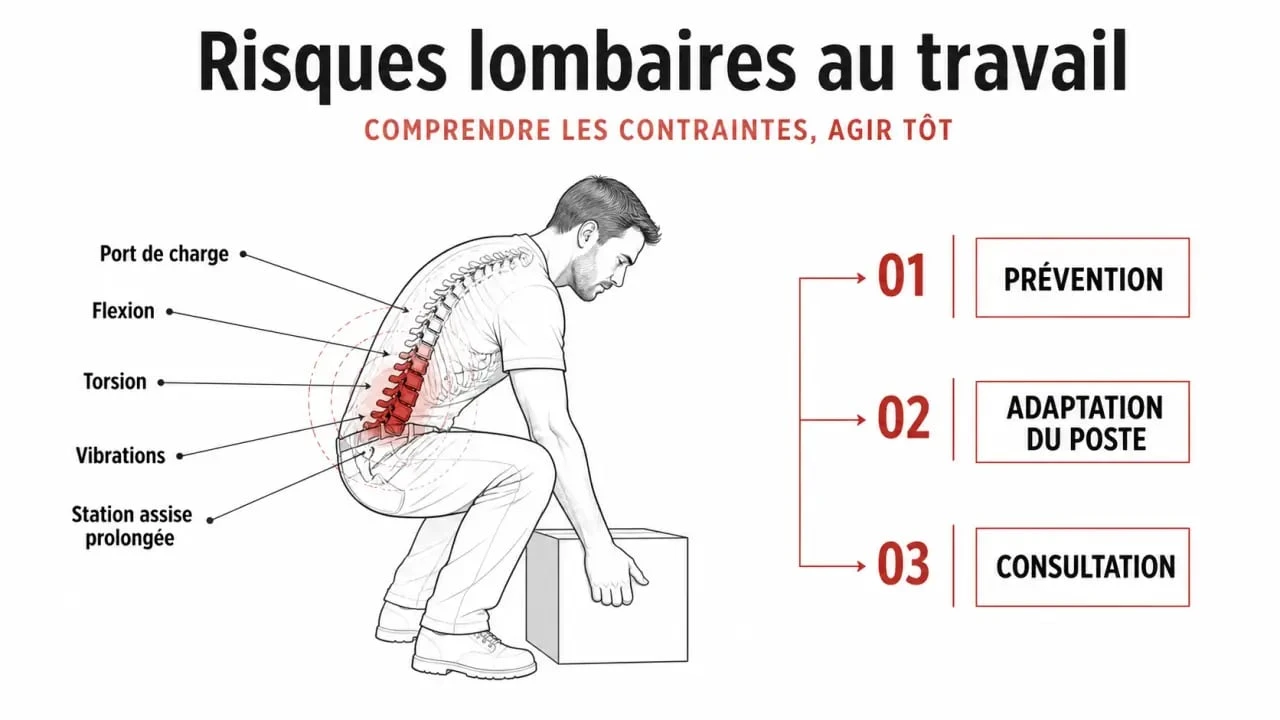 Schéma des TMS du dos montrant les contraintes sur le rachis lombaire et la prévention