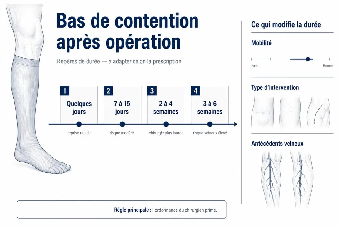 Bas de contention combien de temps après opération : schéma éditorial des durées de port selon le type d’intervention