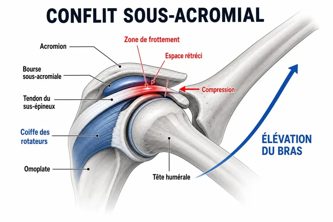 Schéma de la tendinite épaule ostéopathe montrant la coiffe des rotateurs et les zones de contrainte