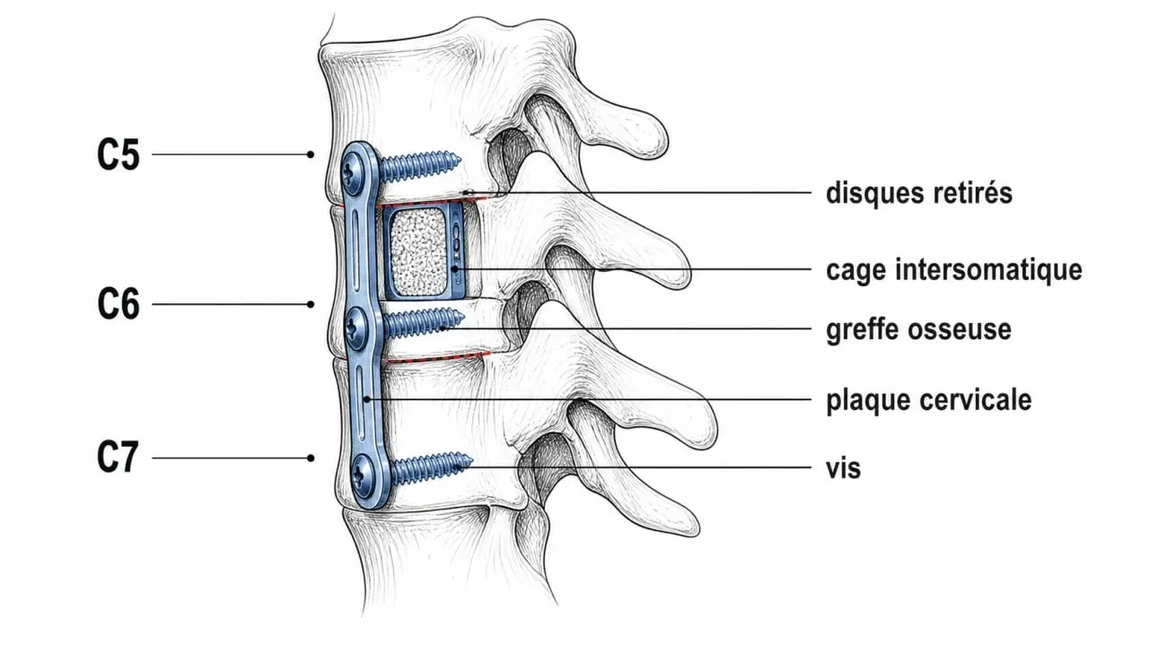 Arthrodèse cervicale c5 c6 c7 : schéma médical du rachis cervical avec cage et plaque