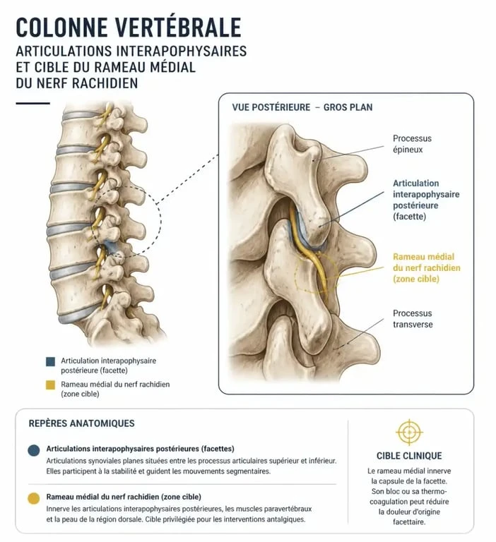 Schéma explicatif de la thermocoagulation lombaire ciblant les articulations postérieures