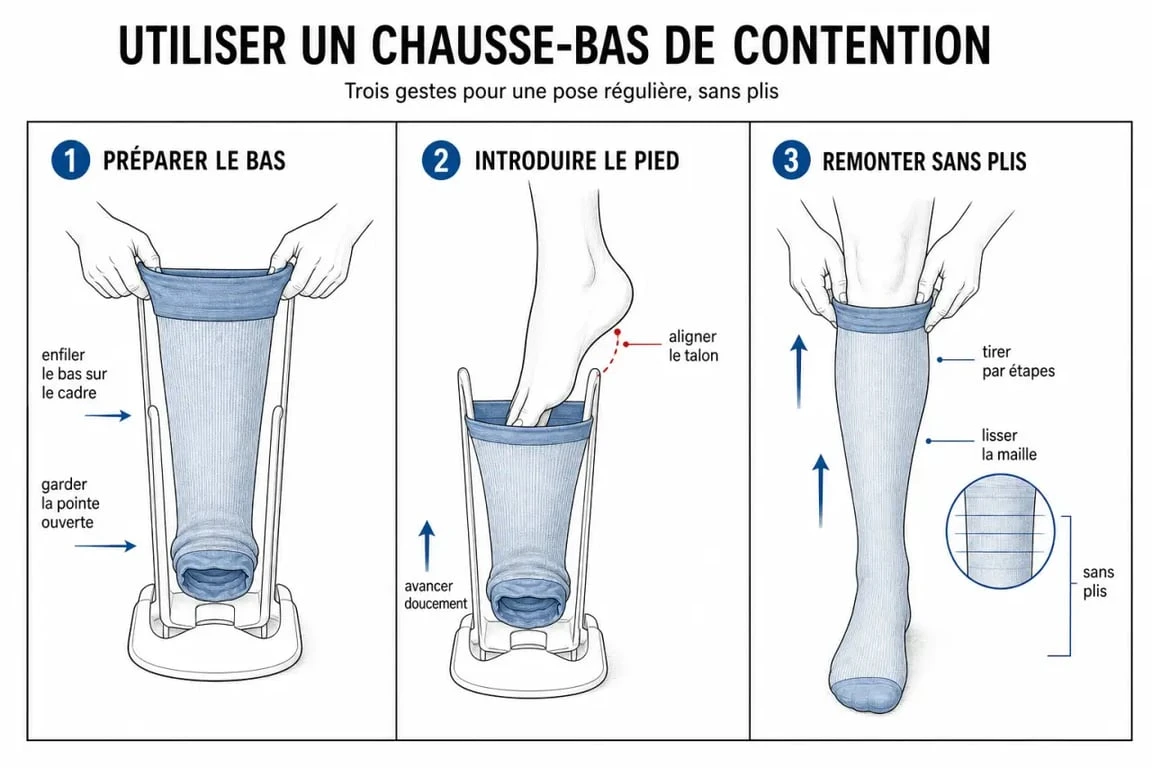 Chausse-bas de contention utilisé étape par étape pour enfiler un bas de contention