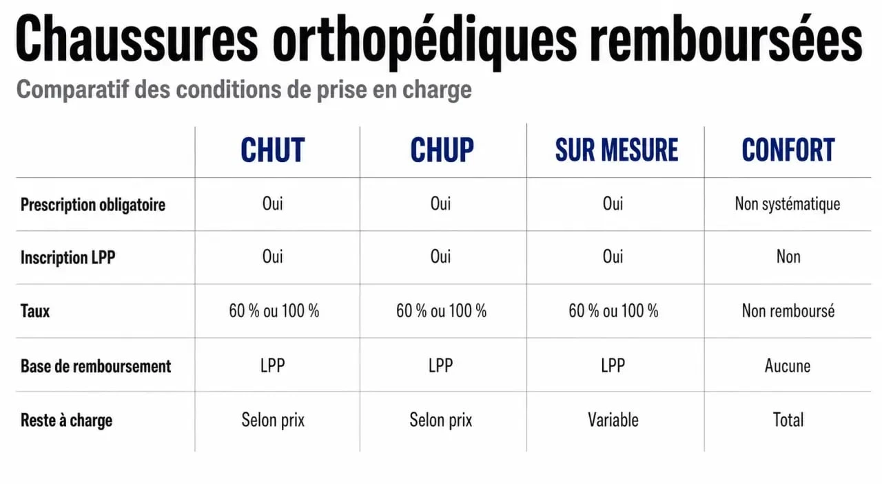 Chaussures orthopédiques remboursement : comparaison visuelle des catégories CHUT, CHUP, sur mesure et confort