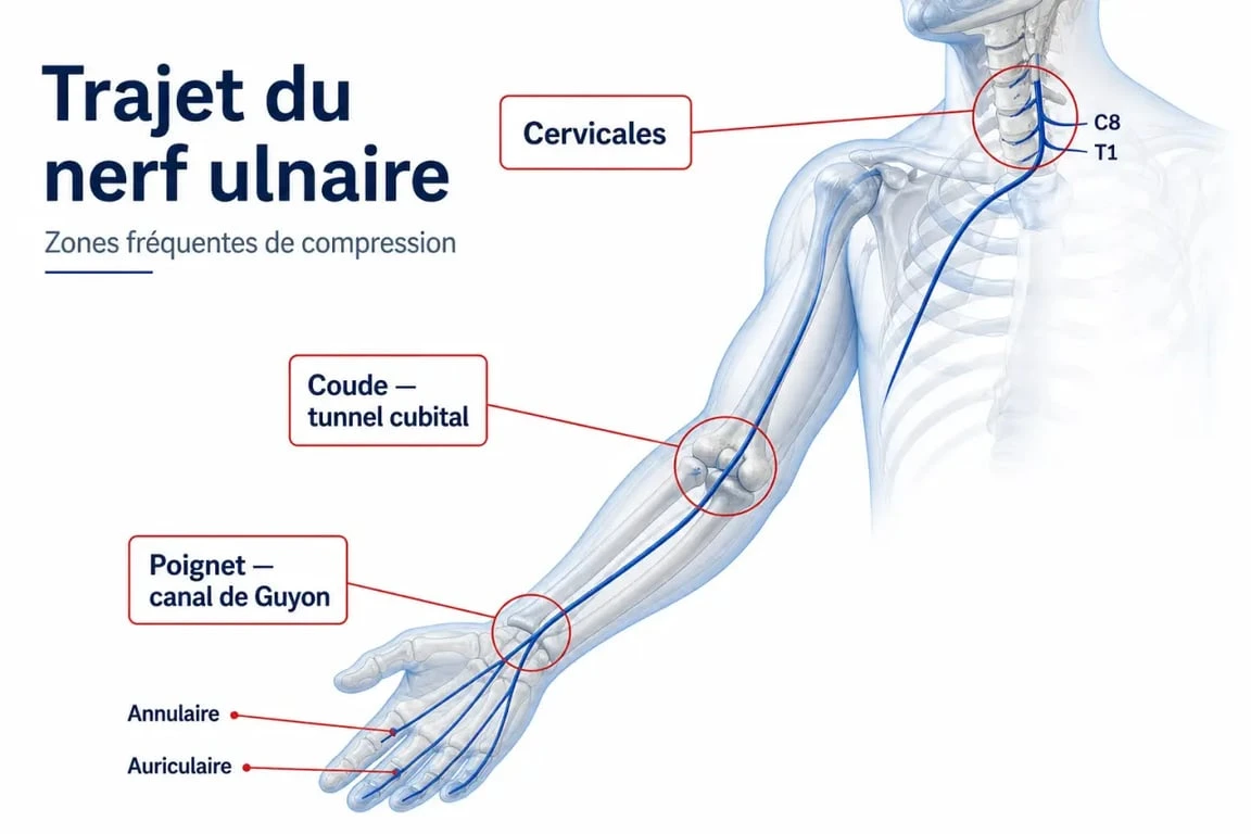 Schéma du nerf cubital coincé aux cervicales montrant le trajet du nerf ulnaire et les zones de compression possibles