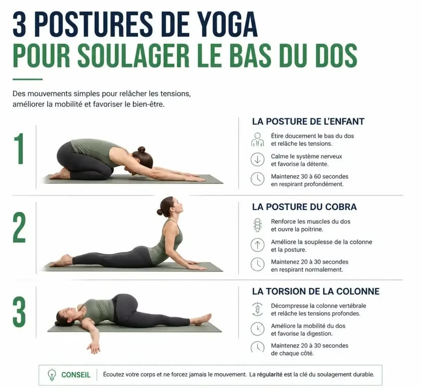 Guide visuel des étirements bas dos : posture de l'enfant, cobra et torsion