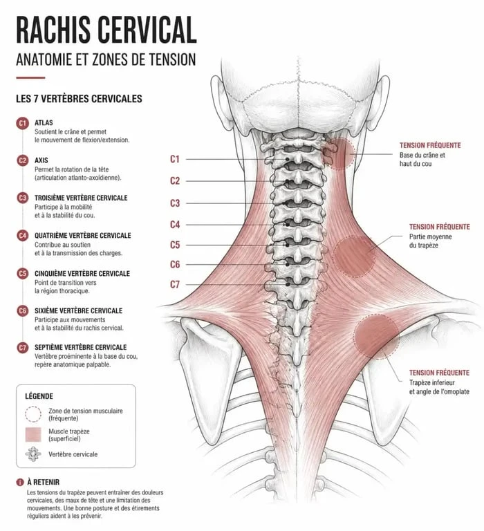 Schéma anatomique illustrant les causes de la raideur du rachis cervical