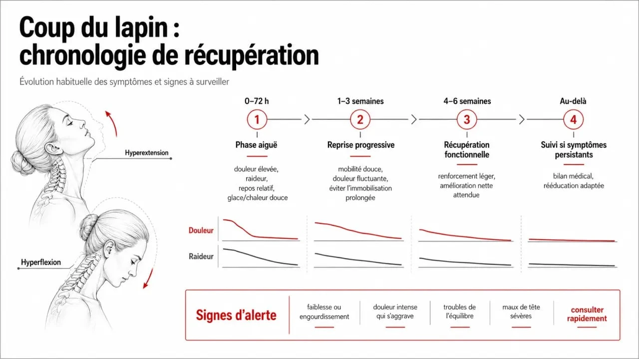 Temps de guérison coup du lapin : chronologie de récupération et signes d’alerte après un traumatisme cervical