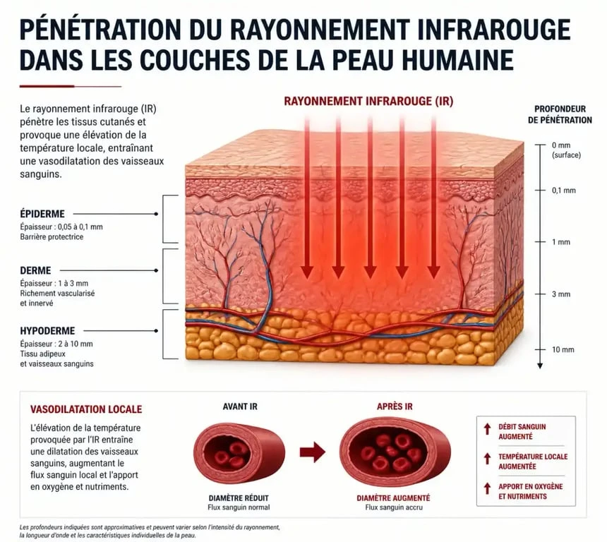 Schéma explicatif du fonctionnement d'une lampe infrarouge sur les tissus cutanés et la vasodilatation