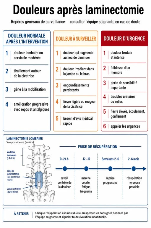Douleurs après opération laminectomie : schéma des douleurs normales, à surveiller et en urgence avec frise de récupération