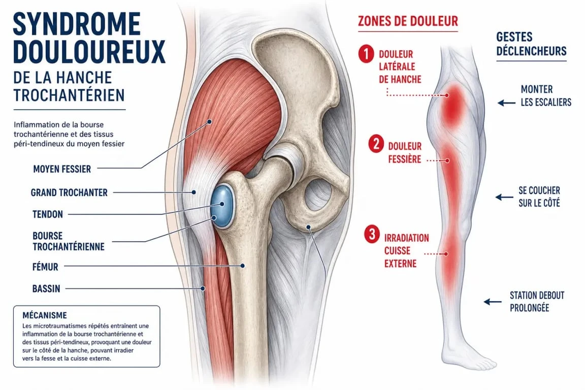 Schéma du moyen fessier douleur avec zones de douleur sur la hanche et la fesse