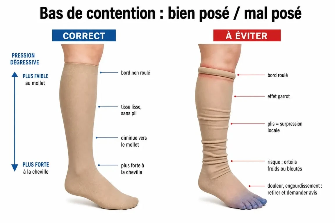 Bas de contention trop serré risques : schéma des signes d’alerte et de la bonne pose