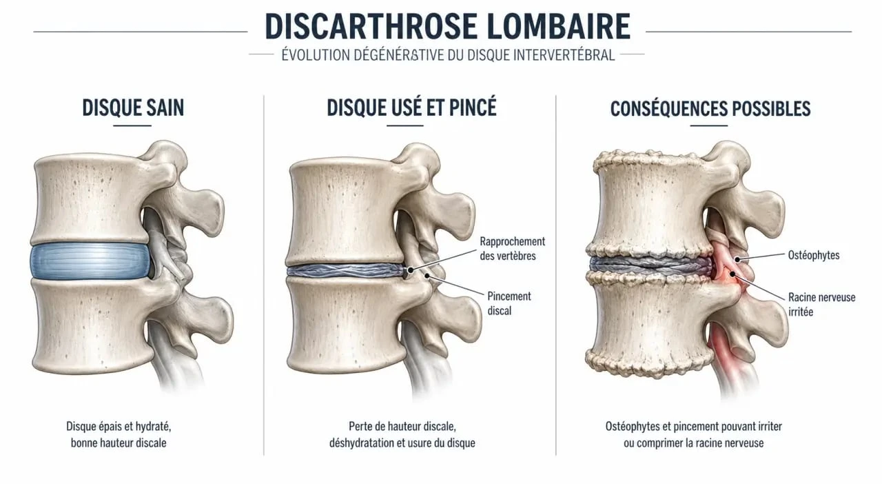 Schéma de la comment soigner une discarthrose lombaire avec disque usé, pincement discal et irritation nerveuse