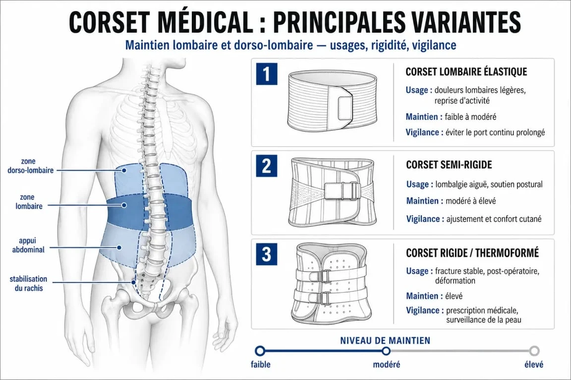 Corset medical : infographie comparative des types, des usages et des niveaux de maintien