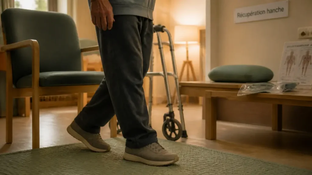 Vivre avec 2 prothèses de hanche : patient en rééducation, déambulateur