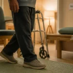 Vivre avec 2 prothèses de hanche : patient en rééducation, déambulateur