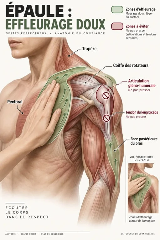 Tendinite épaule massage : schéma des zones à masser doucement et des zones à éviter