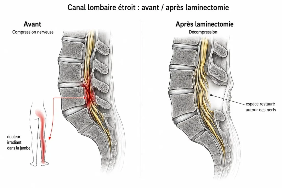 Séquelles après opération canal lombaire étroit : schéma du canal lombaire avant et après décompression nerveuse