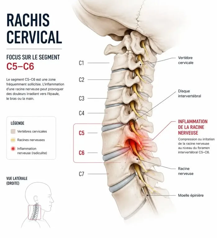 Schéma anatomique illustrant une infiltration cervicale C5-C6 pour traiter une névralgie cervico-brachiale