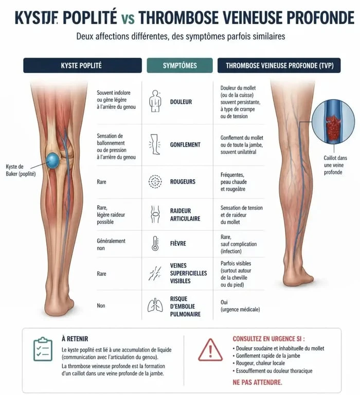 Comparatif des symptômes entre kyste poplité et thrombose veineuse
