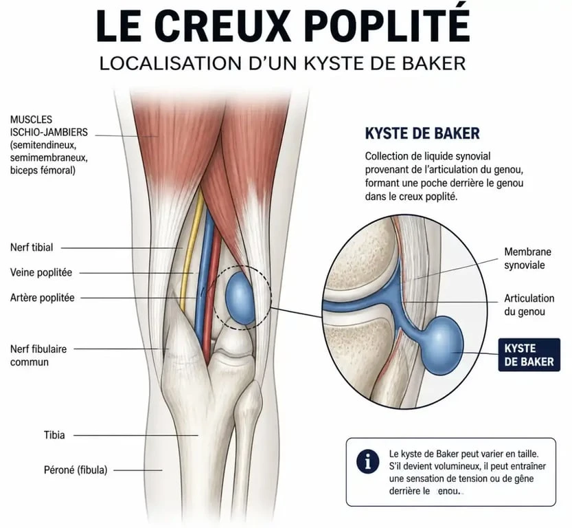Schéma anatomique d'un kyste poplité dans le creux du genou