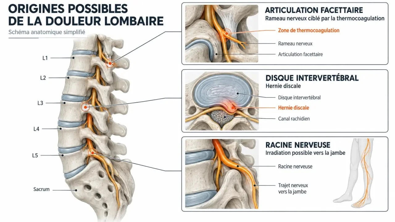 Schéma explicatif d’un témoignage sur la thermocoagulation et des différences entre douleur facettaire, hernie discale et douleur radiculaire
