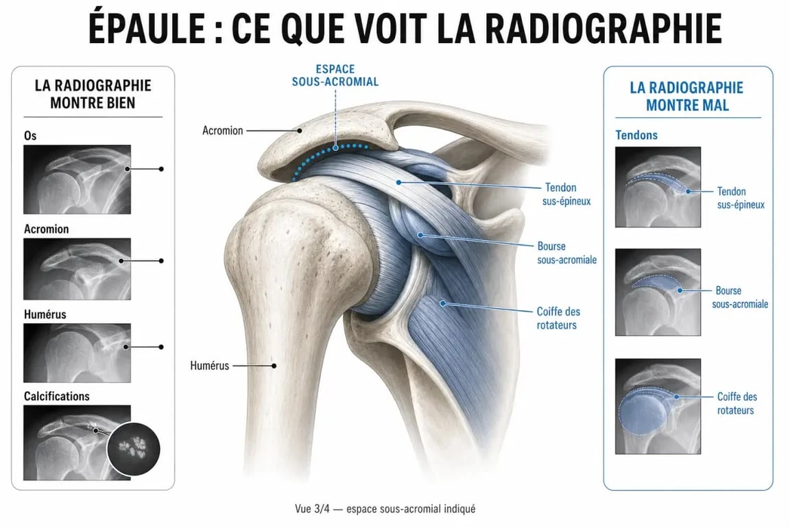 Radio épaule tendinite : schéma de la coiffe des rotateurs et de ce que la radiographie peut voir