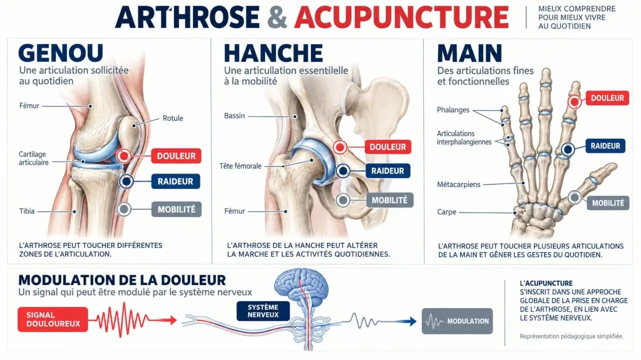 Schéma pédagogique sur l’arthrose et l’acupuncture au niveau du genou, de la hanche et de la main