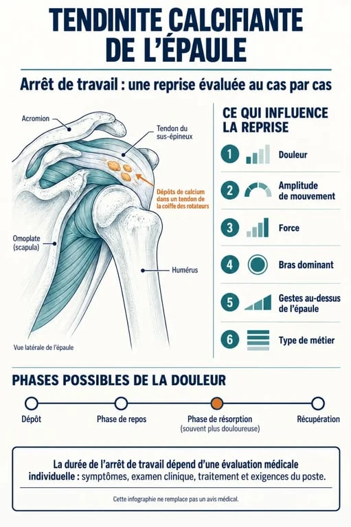 Tendinite calcifiante de l’épaule et arrêt de travail : schéma des dépôts calciques, des symptômes et des facteurs de reprise