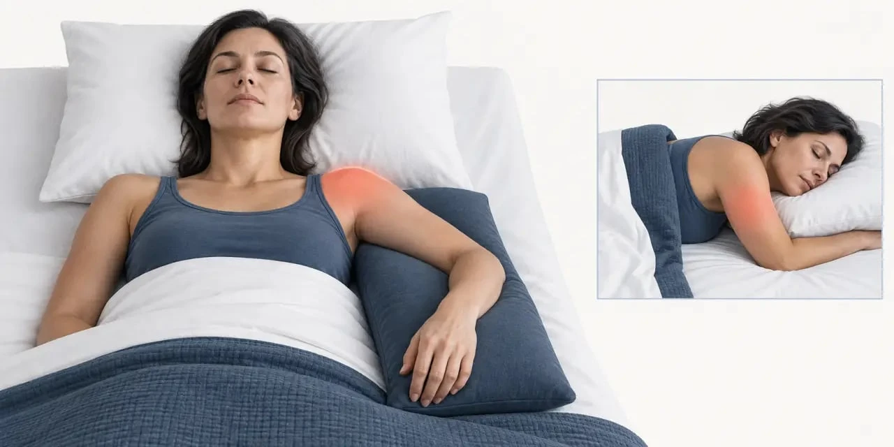 Position pour soulager une tendinite d’épaule en dormant sur le dos avec le bras soutenu par un coussin