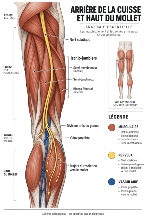 Schéma des causes possibles d’une douleur derrière la cuisse : muscles ischio-jambiers, nerf sciatique et réseau veineux