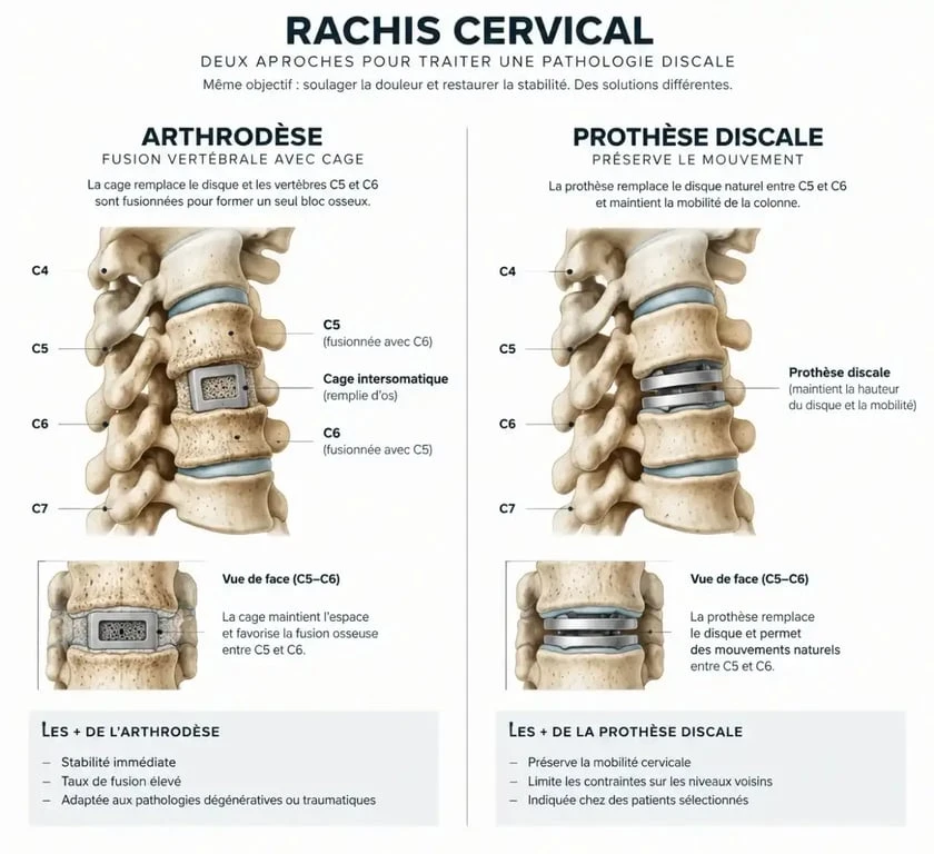 Schéma comparatif arthrodèse et prothèse discale pour opération cervicales C5 C6 C7