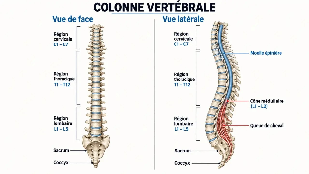 Schéma anatomique d’une vertèbre cassée et des zones à risque de la colonne vertébrale
