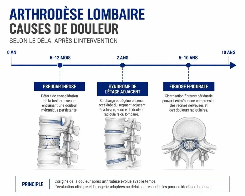 Frise chronologique des causes de douleurs 2 ans après arthrodèse lombaire