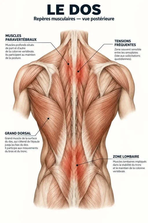 Schéma anatomique d’une dos contracture montrant les muscles paravertébraux, le grand dorsal et les lombaires