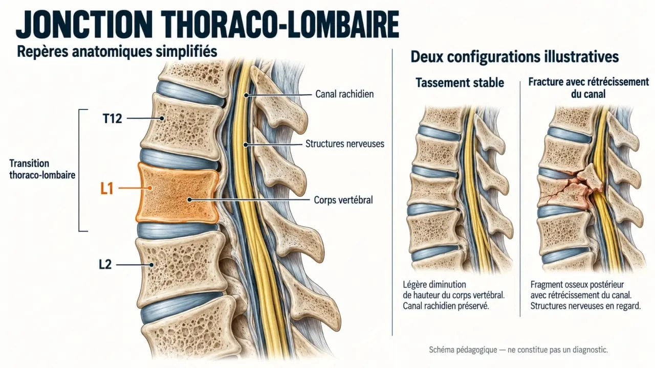 Schéma anatomique d'une fracture L1 et de ses conséquences sur le canal rachidien