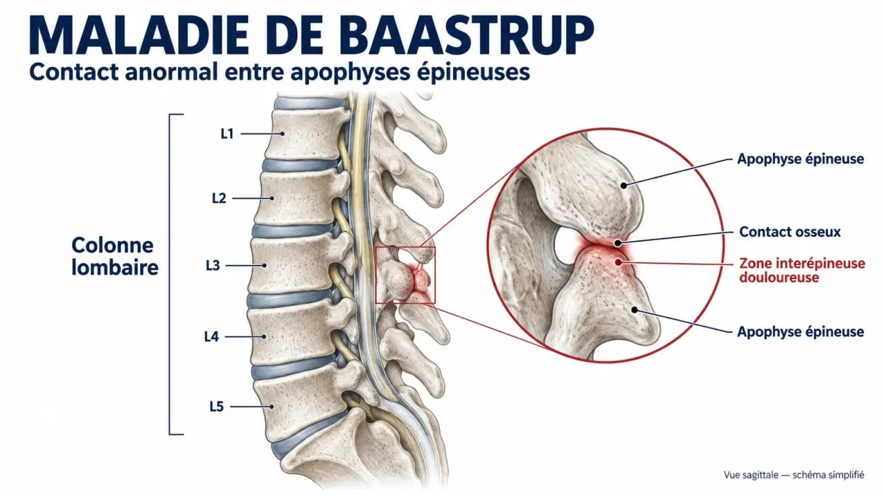 Schéma anatomique de la maladie de Baastrup et du contact entre les apophyses épineuses lombaires