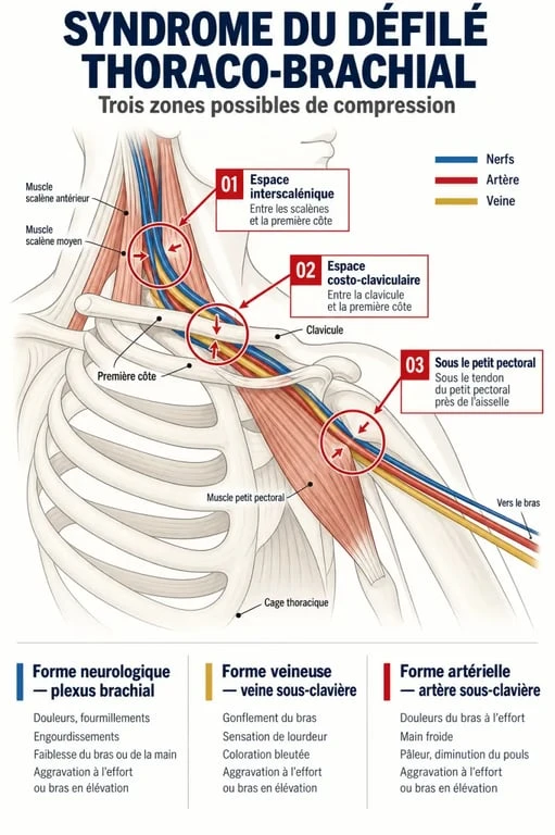 Schéma du syndrome du défilé thoraco brachial maladie professionnelle et de ses principales zones de compression